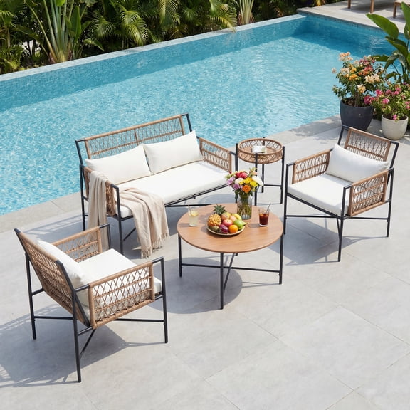 LAUSAINT HOME 5 Piece Patio Furniture Set, Outdoor Wicker Conversation Set with 2 Armchairs, 1 Loveseat, Coffee Table & Side Table for Porch, Balcony, Garden, Poolside, Beige Cushions