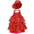 thumbnail image 4 of iEFiEL Kids Girls Modern Jazz Latin Dance Outfit Set Halter Backless Shiny Sequins Ruffles Leotard with Hat A Red 4, 4 of 5