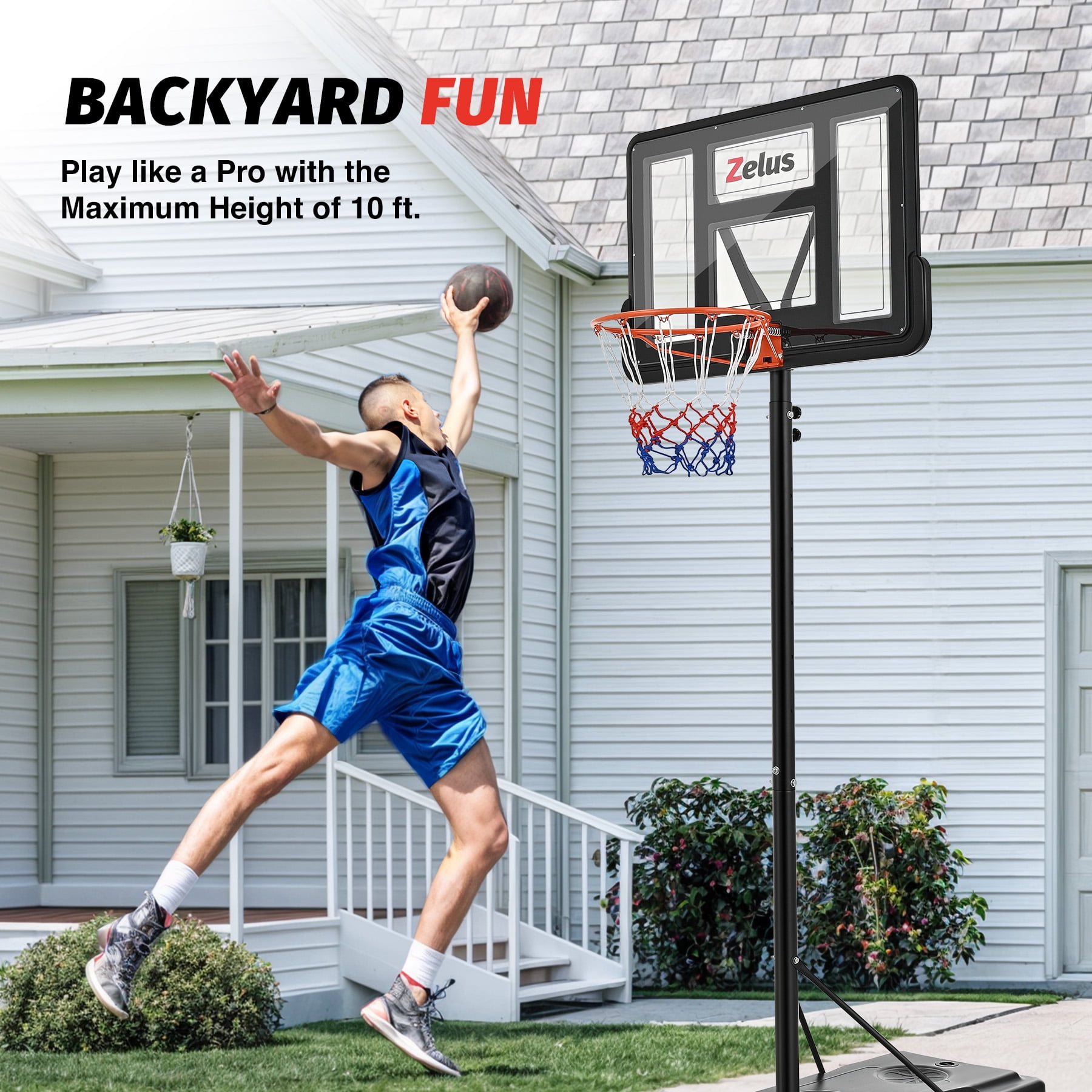 Zelus 4.4ft-10ft Adjustable Height 43.3"x29.5" Longevity Outdoor Portable Basketball Systems (Adult)
