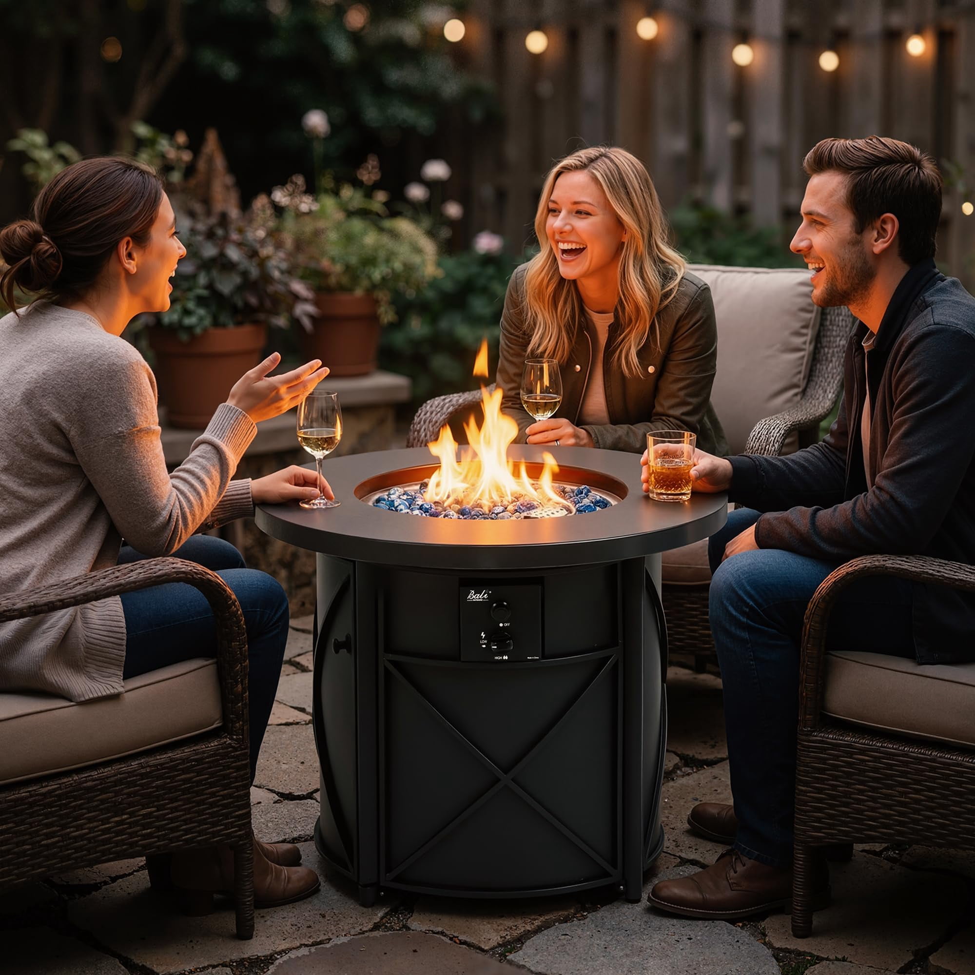 Bali Outdoors 30" Round Gas Fire Pit Table 50000 BTU Fire Column for Outside Backyard, Patio, Black