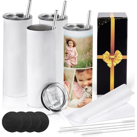 Joyclub 4 Pack Sublimation Tumblers 20 oz Skinny Stainless Steel Insulated Straight Sublimation Tumbler Blank with Straw, Lid, Brush and Shrink Wrap