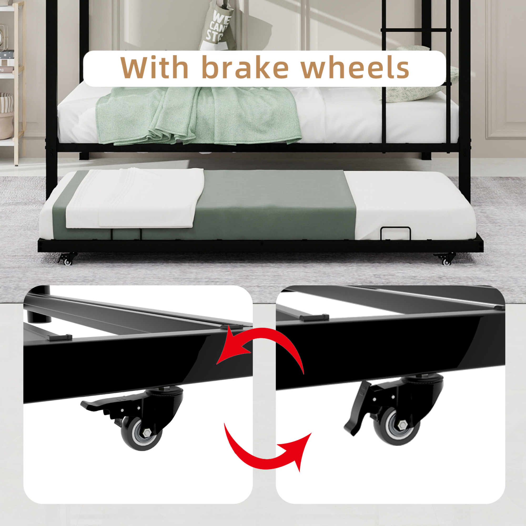 Leumius Triple Bunk Bed Full over Full with Trundle, Convertible Metal Bunk Bed Frame with Ladder & Safety Guardrail, Space-Saving for Teens and Adults,Black