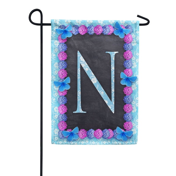 America Forever Spring Monogram Garden Flag Letter N 12.5 x 18 inches Double Sided Vertical Outdoor, Yard, Lawn, Decorative Seasonal, Hydrangeas, Blue Butterflies Bees Summer Floral Garden Flag