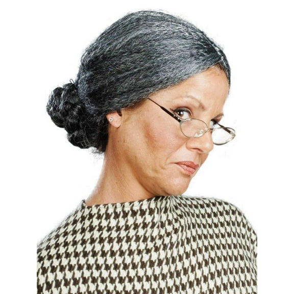 Old Lady Psycho color MIXED GREY - Enigma Wigs Mom Pulled Back Bun Spinster Women Bundle MaxWigs Costume Wig Care Guide