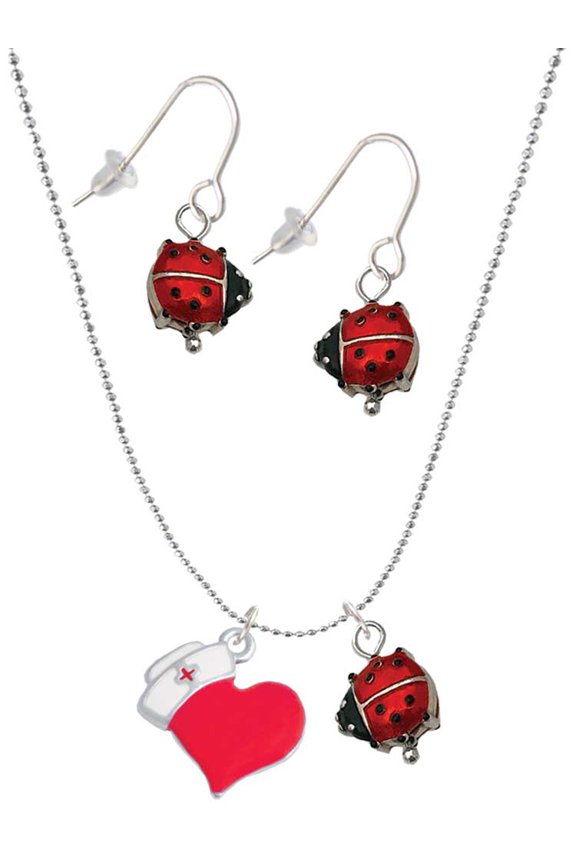 Silvertone Red Heart with Nurse Hat Red Lucky Ladybug Necklace and Dangle Earrings Set