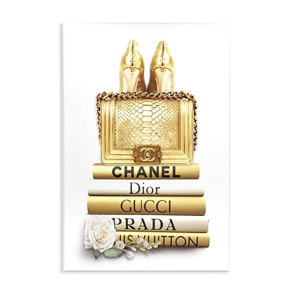 Stupell Industries Traditional Divine Golden Fashion Purse on Glam Designer Bookstack Wall Plaque Art, 13 x 19, by Ros Ruseva
