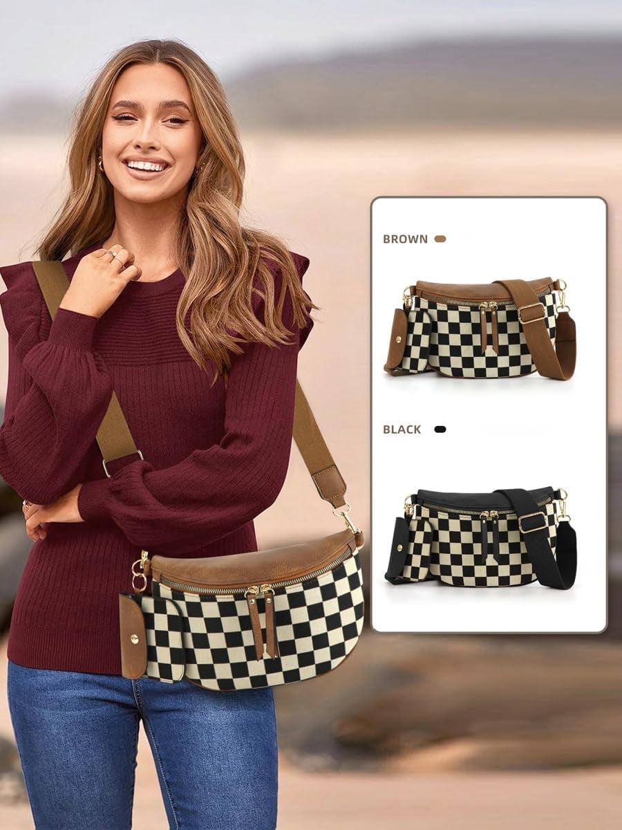 MMYGU 2 Pcs Checkered Crossbody Bags for Women Bum Bag Checkered Cross Body Sling Backpack Satchels Shoulder Wallet Purses