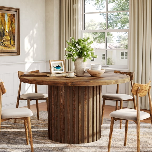 Finmind 47" Solid Wood Round Dining Table, Farmhouse Kitchen Table with Striped Pedestal Base for 4-6, Dark Brown