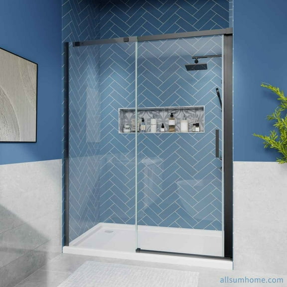Lock Adjustable 56-60"W x 74"H Barn Door Glass Shower Doors with 8mm Clear Tempered Glass and Black Stainless Steel Hardware