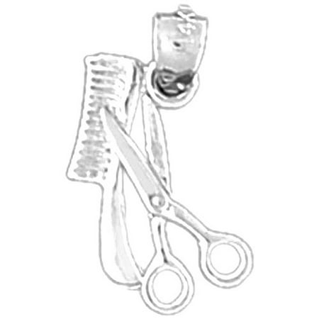 14K White Gold 3D Scissors And Comb Pendant - 18 mm