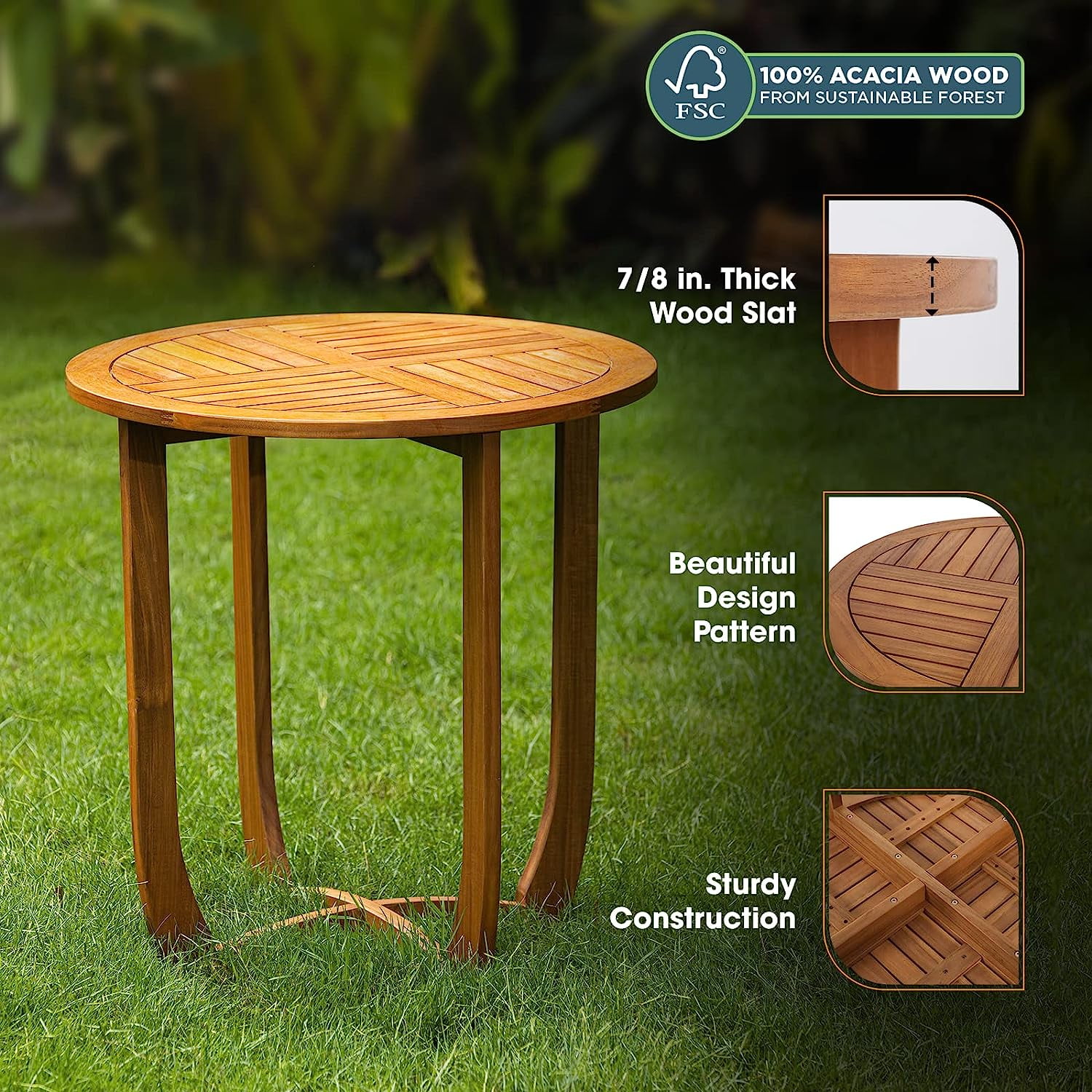 Patio Bistro Folding Sets, 1 Square Table with 2 Cushion Chairs, FSC Acacia Wood, Morning Sand