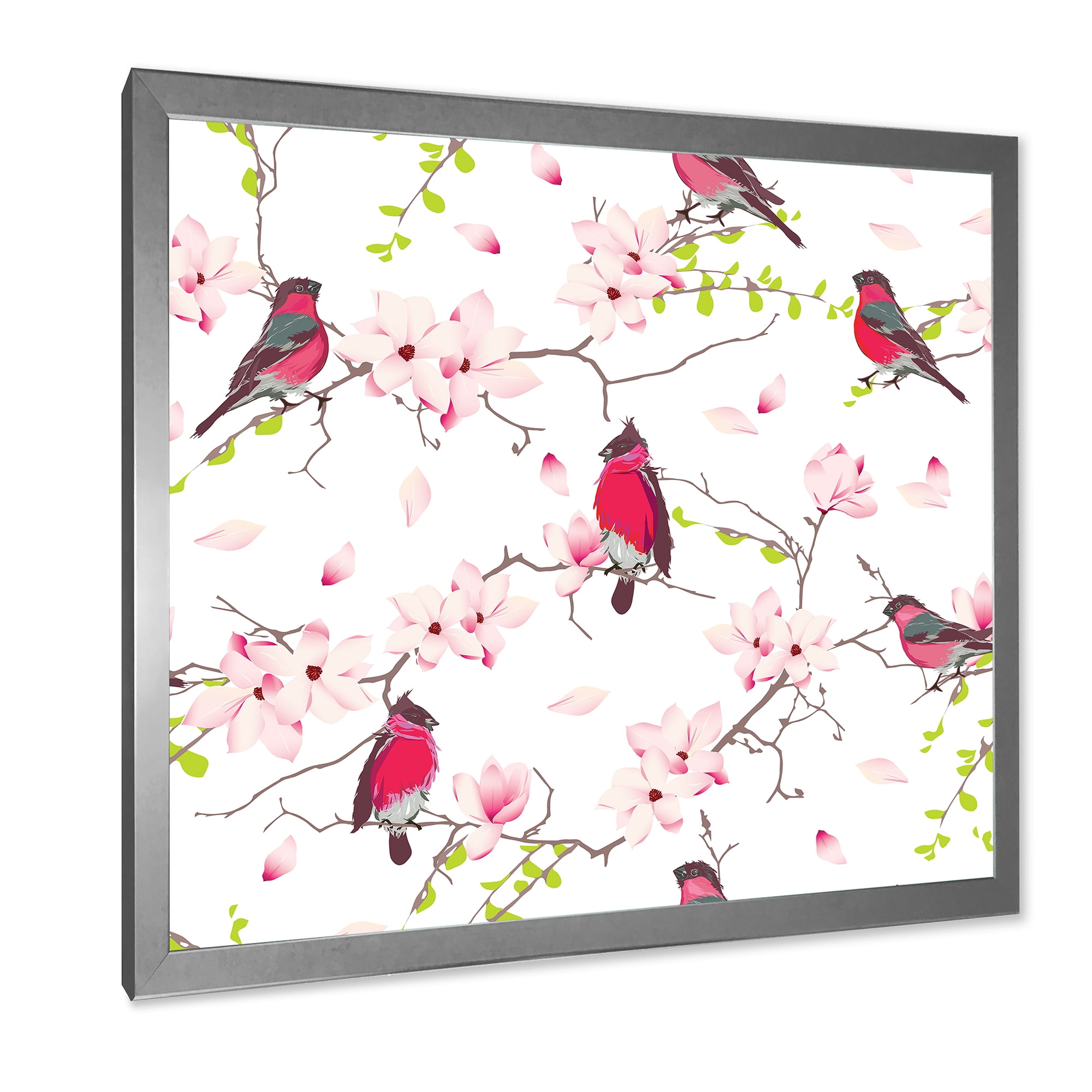 Designart 'Red Bullfinches Sitting On Magnolia Tree' Traditional Framed Art Print