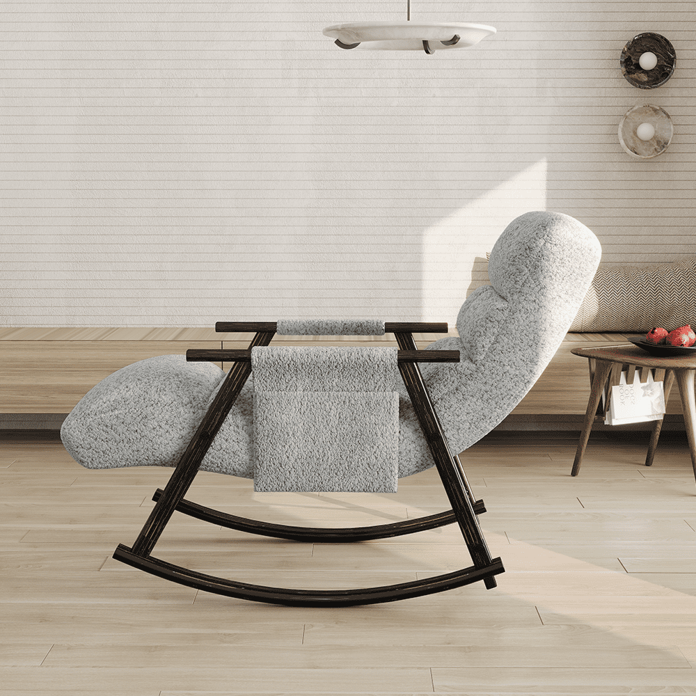 Accent Folding Rocking Recliner Chair with Side Pocket, Upholstered Nursery Glider Chair with 5 Adjustable High Back for Living Room Bedroom Balcony, Grey