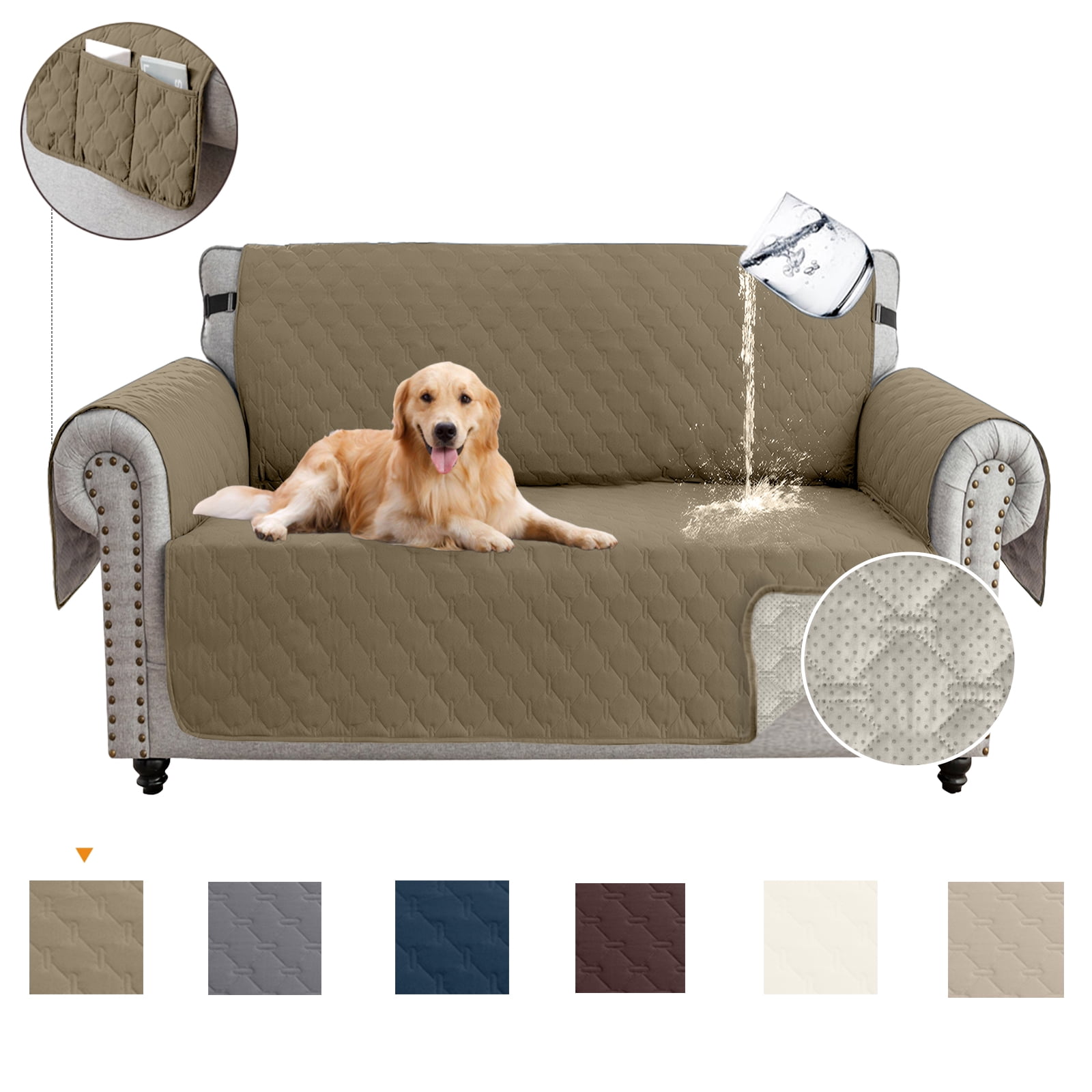 Sanmadrola Sofa Cover 100% Waterproof Couch Slipcovers Washable Non-Slip Furniture Protector with Pockets/Elastic Straps/Silicone Backing for Kids Pets Dogs, Taupe, Loveseat