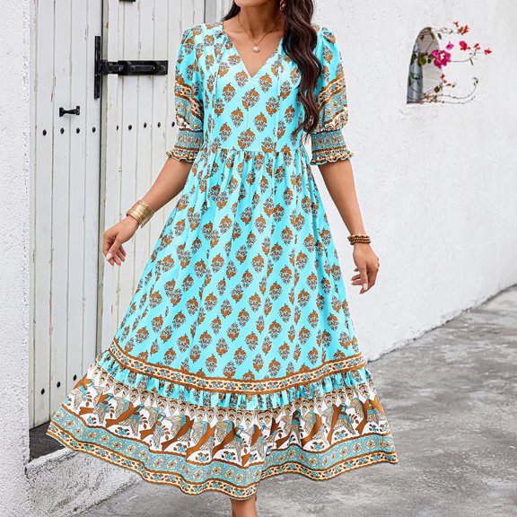 BLTIBY Women Boho Maxi Dresses Short Sleeve Summer Bohemian Printed V Neck Fashion Casual Loose Beach Long Dress Sky Blue M