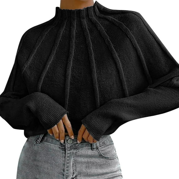 Baqcunre Sweaters For Women Loose Solid Color Sweater Medium Long Autumn/Winter Crew Neck Pullover Long Sleeved Knit Sweater Hoodies For Women Fall Outfits For Women 2023 Black L