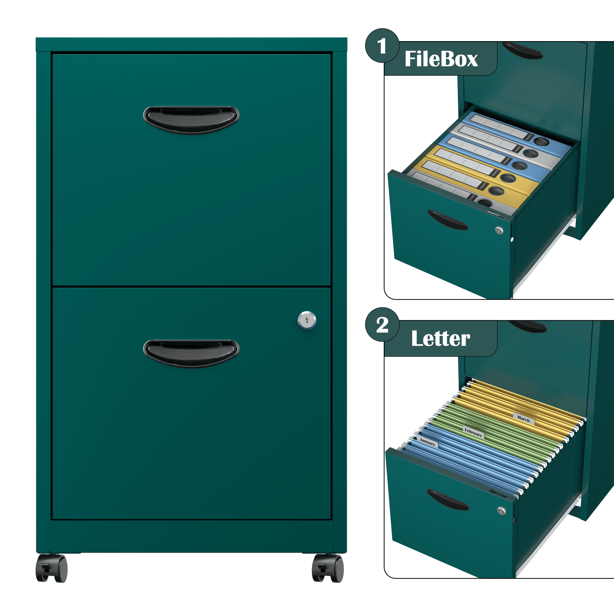 SteeLoong File Cabinet on Whells,Freestanding Storage Organizer,Green Metal 2-Drawer,Letter Size,Easy Assemble