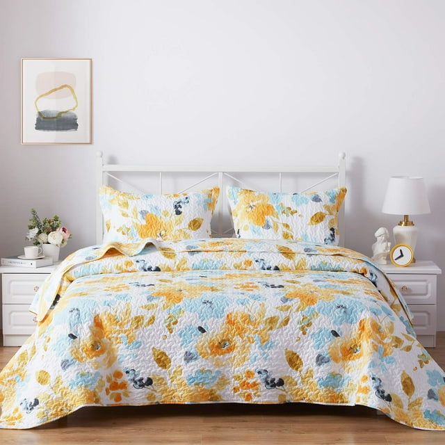 SunStyle Home Colcha floral tamaño king, colcha acolchada suave y duradera, ligera, reversible, con estampado bohemio, juego de cama con fundas de almohada para todas las estaciones, 3 piezas