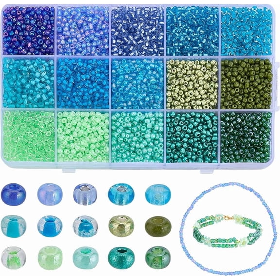 15 Colors 4950Pcs Blue Green Glass Seed Beads 3mm 4mm Mini Seed Bead Bulk Colorful Smooth Pony Bead Small Round Waist Loose Spacer Beads for DIY Necklace Bracelet Earring Jewelry Making Mixed Color
