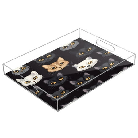 

Acrylic Tray 15.7*11.8*1.9 Inch Transparent Tray Food Tray Tea Cup Tray Serving Trays Cosmetics Storage Kitchen Table Bathroom Sundry Storage Black Cartoon Cat Face