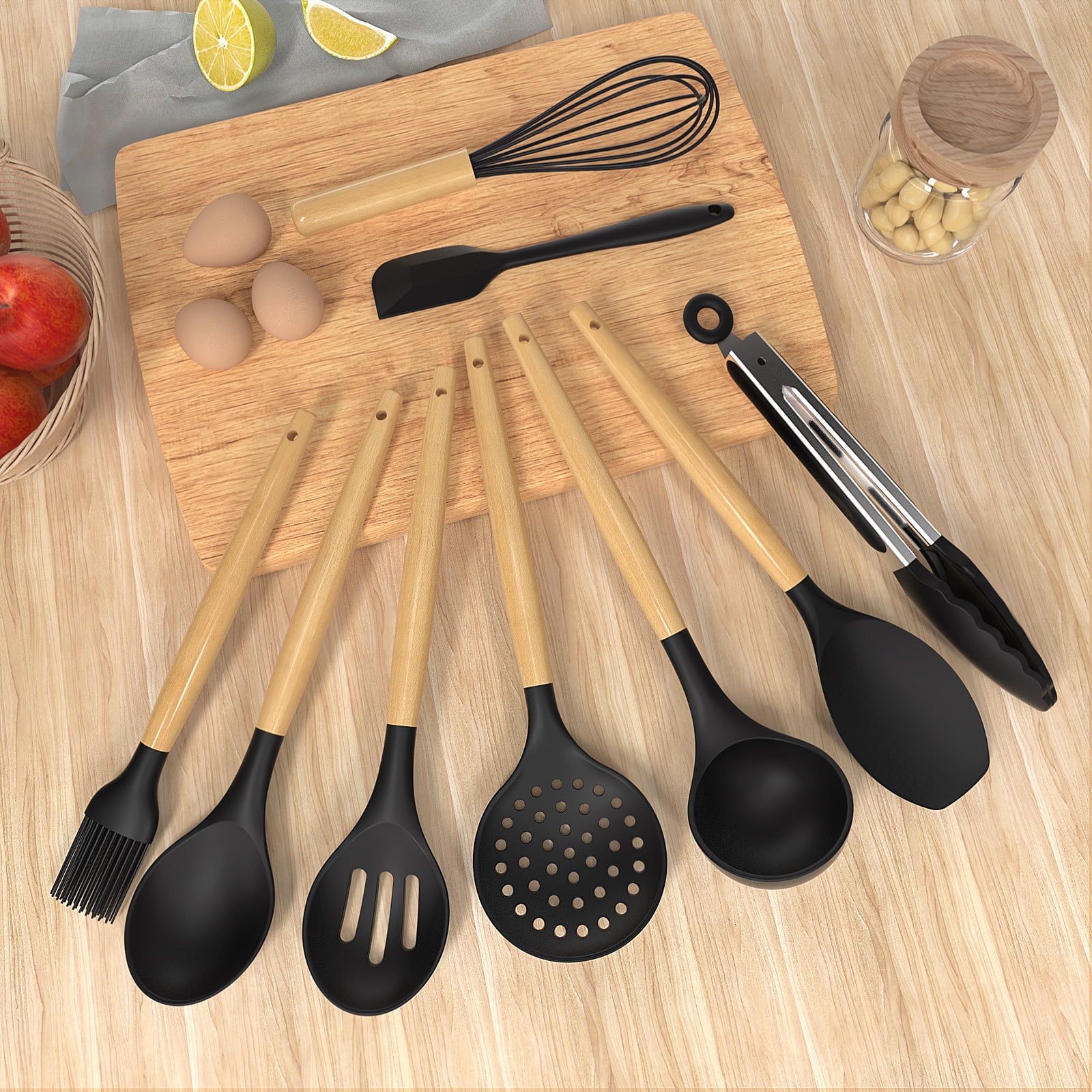 oannao Silicone Cooking Utensils Set - 446°F Heat Resistant Silicone Kitchen Utensils for Cooking,Kitchen Utensil Spatula Set w Wooden Handles,Holder, BPA FREE Gadgets for Non-Stick Cookware (Black)