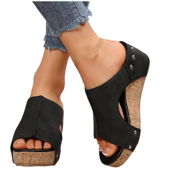 THDHVS Black Sandals Women,Sandals for Women 2025,Womens Wedge Sandals Leather Dressy Sandals Rubber Sole Comfortable Walking Casual Slip on Summer Shoes Black 6.5