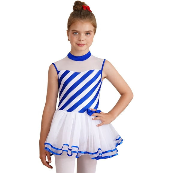 renvena Kids Girls Sleeveless Mock Neck Striped Ballet Dance Tutu Dress Figure Skating Gymnastics Leotard Size 6-16 Blue 8