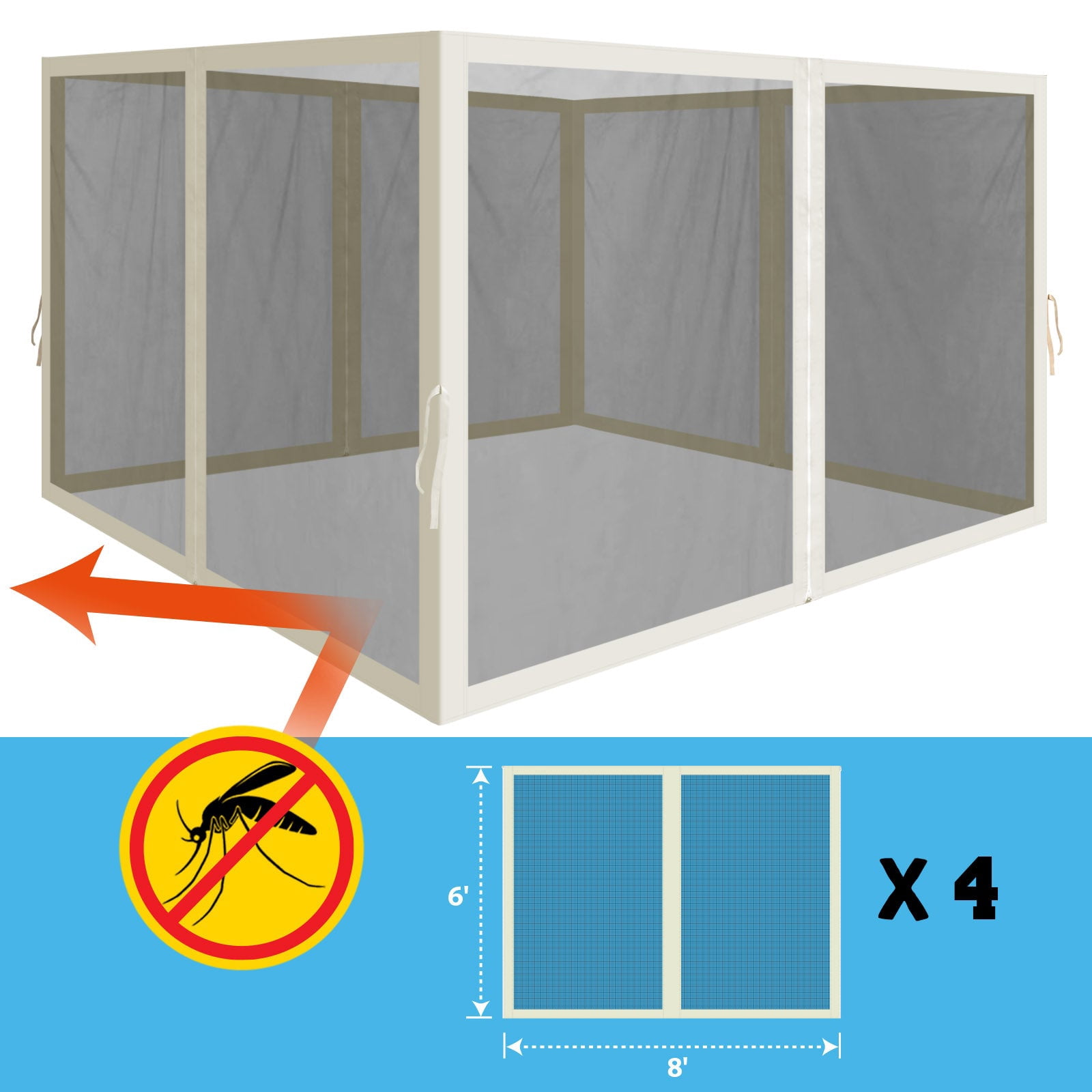 SOLAXO 8'Wx6'H Canopy Replacement Sidewalls Mosquito Netting Screen Walls for 8x8 FT Gazeb, 4 Pack, Ecru