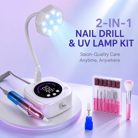 Doulami Nail Drill Kit, 13500RPM 2-in-1 with 6 Bits 9 LED Lamp Rechargeable Electric Nail File, 360° Flexible Rotation, Gel Polish Curing, White
