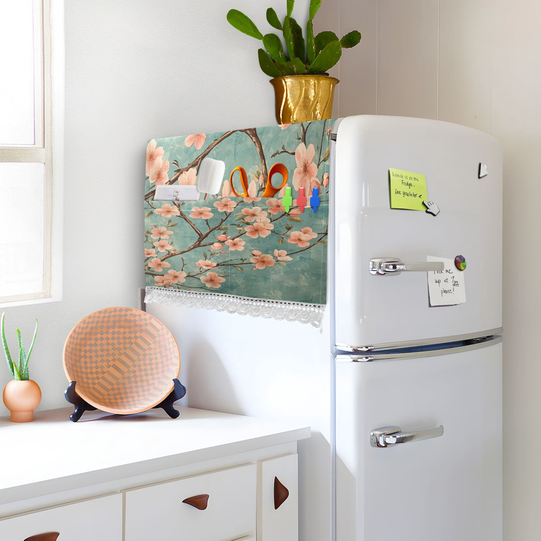 Peach Blossom PatternWasher and Dryer Covers Dust-Proof and Oil Resistant Fridge Cover with 4 Storage Pockets Washing Machine Top Cover for Laundry Kitchen Home 51.2 x 22 In