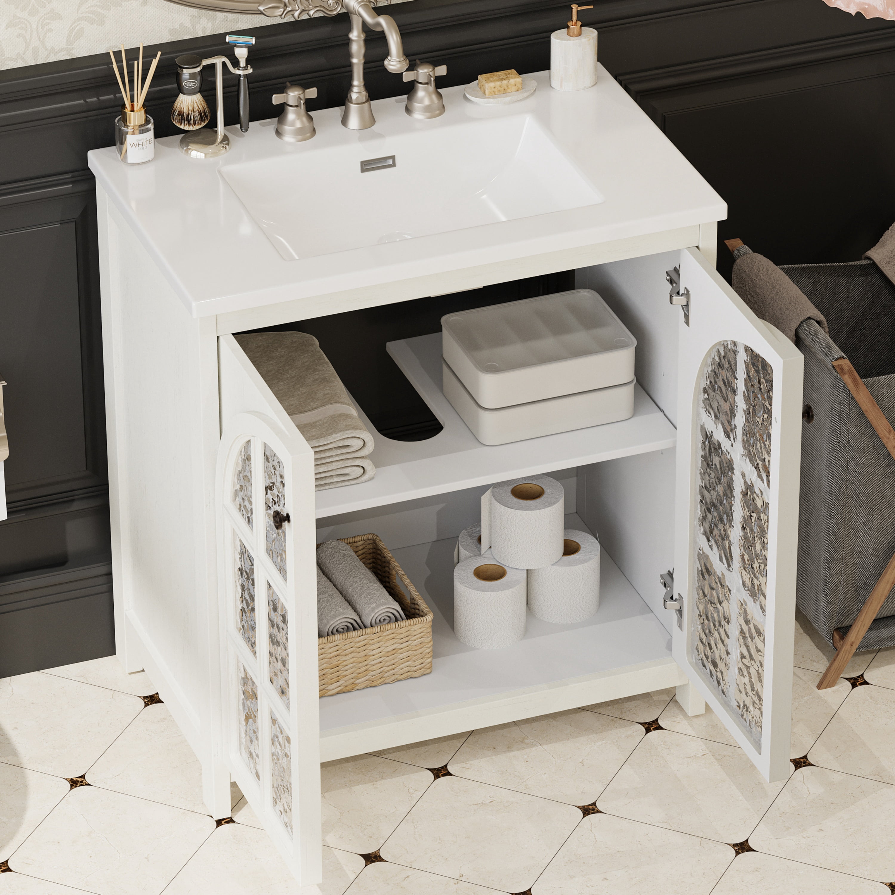 Euroco 31" Farmhouse Bathroom Vanity with Ceramic Sink, Vintage Rustic Bathroom Cabinet with Bronze Pulls and 2 Soft-Closing Doors, Antique White