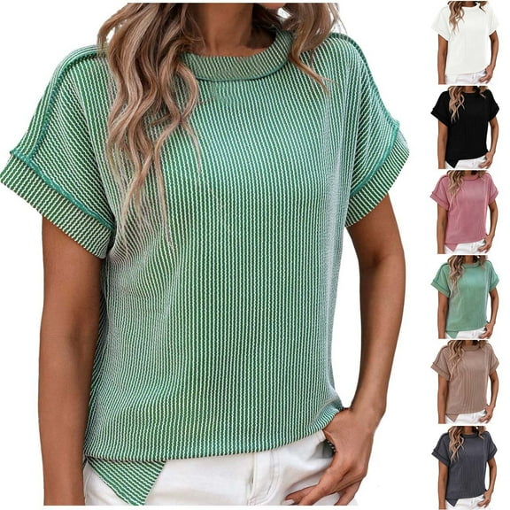 Ashirexll Women's T-shirts, Womens Short Sleeve Tops, Women's Casual Fashion Solid Color Outer Seam Short Sleeve Round Neck Top