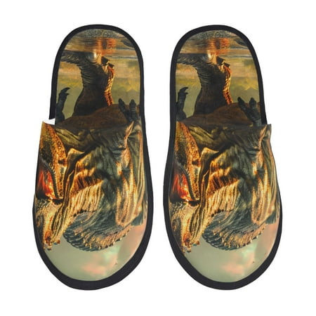 Balery Realistic Style Forest Dinosaur Slient Indoor Furry Fleece Comfort House Shoes Soft Non-Slip Home Shoes Cotton slippers House Slippers-- Large