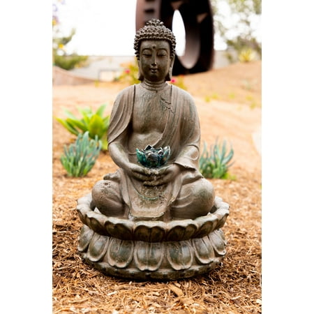 Wholesale Tabletop Fountains Alpine Meditating Buddha with Lotus Flowers Tabletop Fountain w/ LED Light, 19 Inch Tall ()