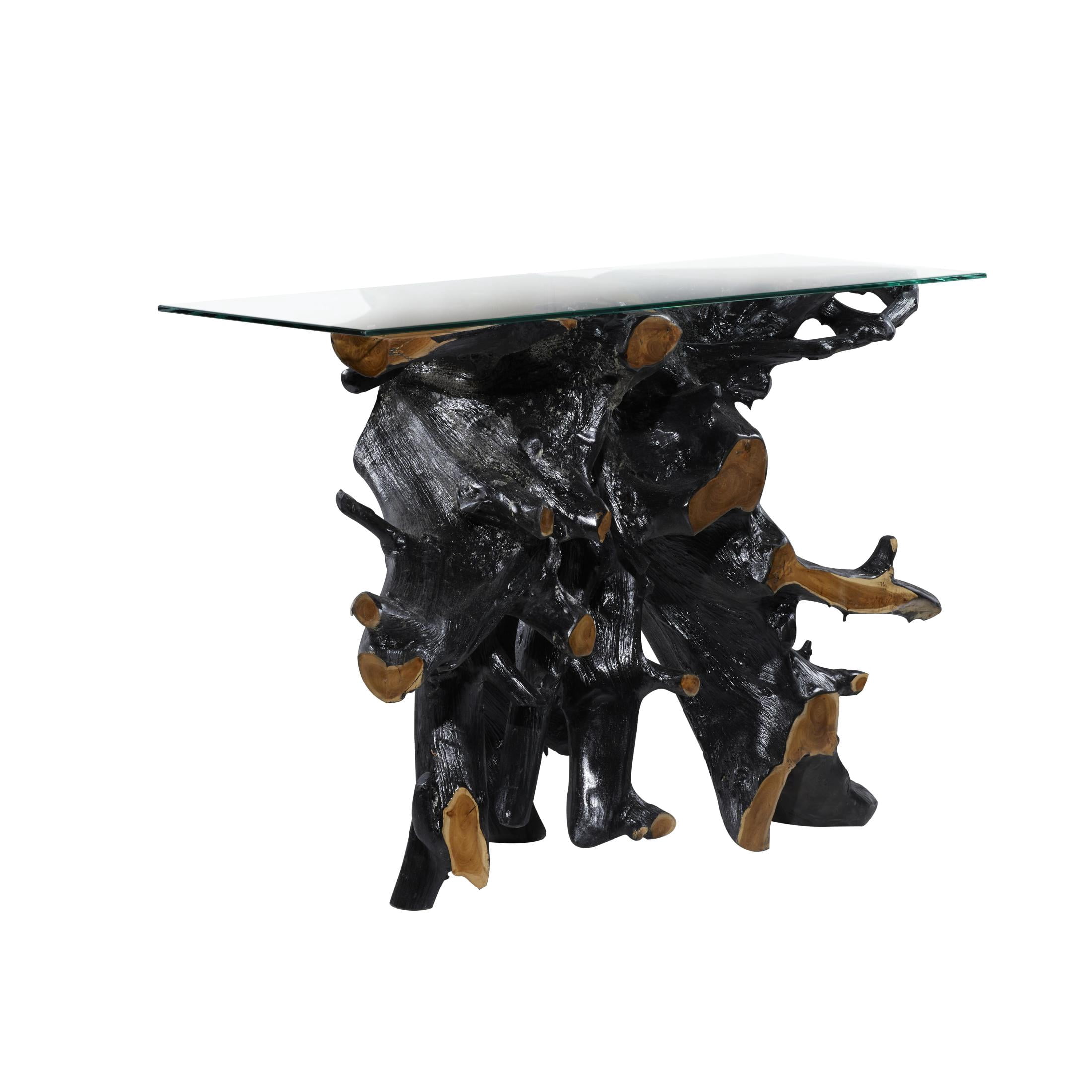 DecMode 49" x 32" Black Teak Wood Handmade Live Edge Tree Stump Console Table with Clear Glass Top, 1-Piece