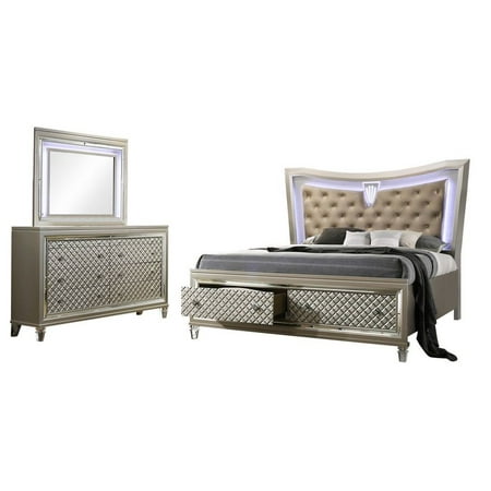 Bedroom Set Teens Aviv 3 Piece Bedroom Set, Queen, Champagne Wood, Transitional (Storage Panel Bed, Dresser & Mirror) With Beige Faux Leather Headboard, Acrylic Nouveau Bun Foot Legs & LED Lights ()