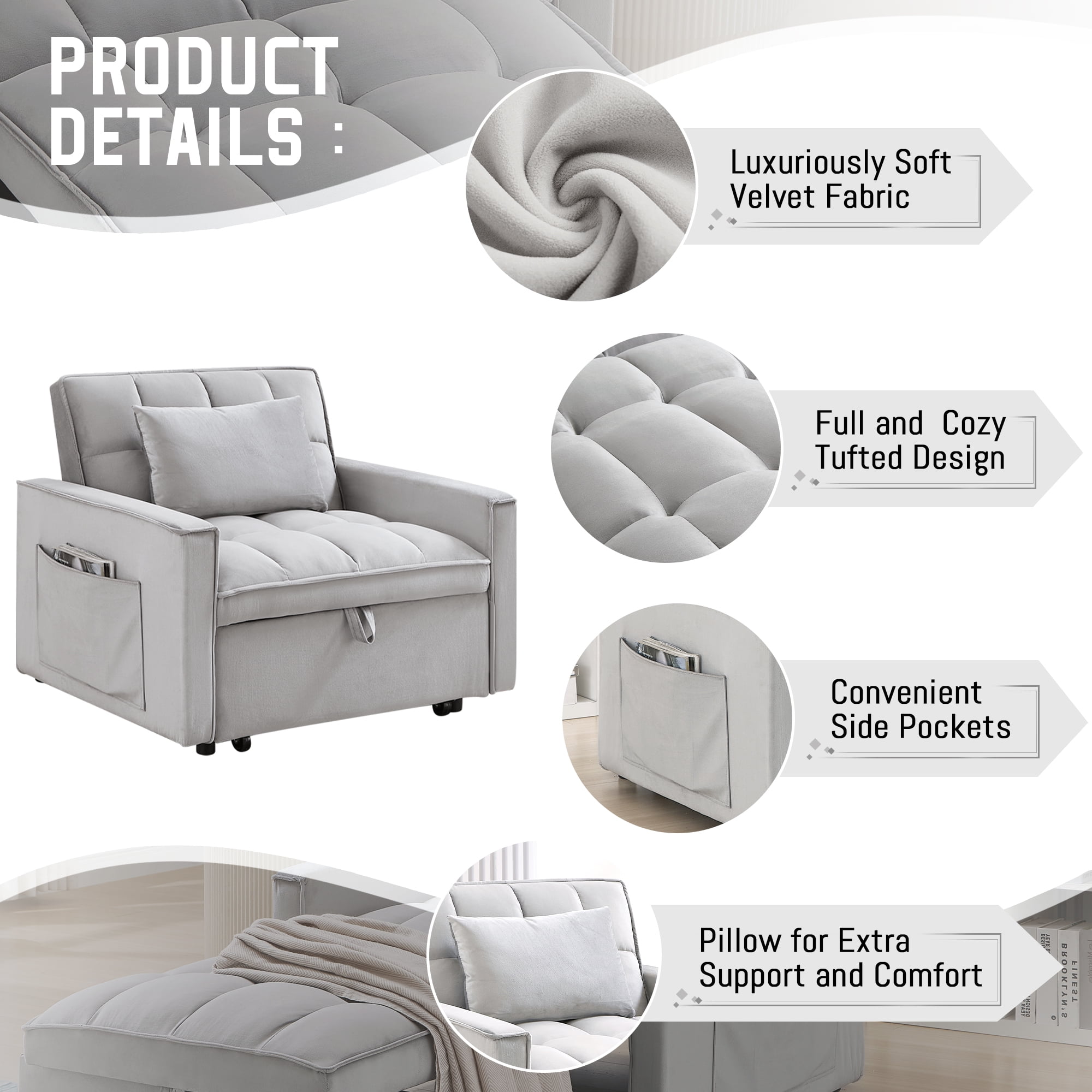 Lunale 3-in-1 Convertible Sleeper Sofa Chair Bed, Lounge Chair Indoor, Modern Single Couch for Living Room, Small Spaces, Gray Velvet
