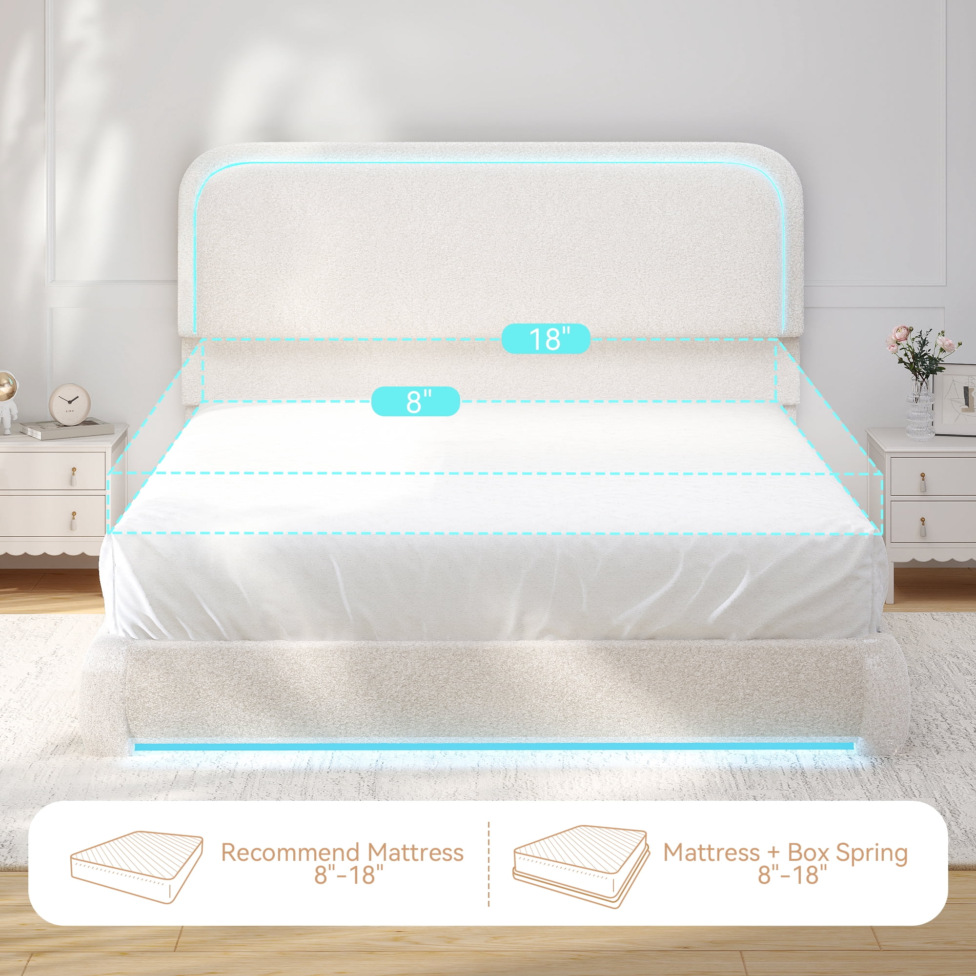 SIBEDS Queen LED Bed Frame, Teddy Fleece Upholstered Platform Bedframe, No Box Spring Needed, Cream