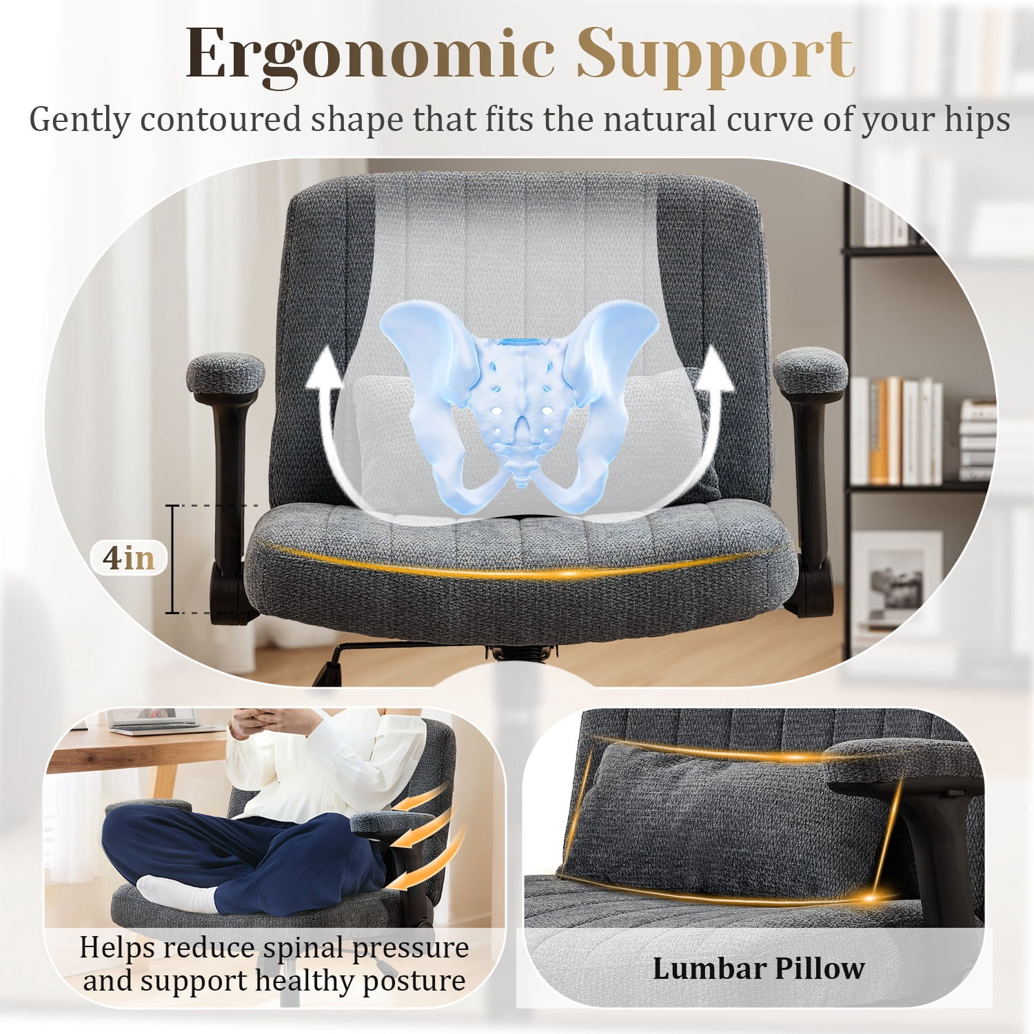 IPKIG Ergonomic Office Chair with Wheels and Flip-Up Arms, Wide Seat Swivel Desk Chair for Home Office, Computer, Vanity, Chenille Dark Gray
