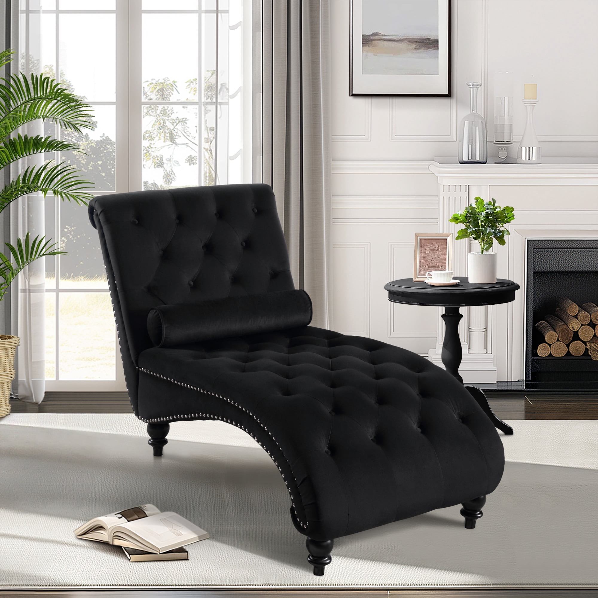 Lunale Chaise Lounge Indoor Tufted Upholstered Accent Chair for Living Room Black Velvet