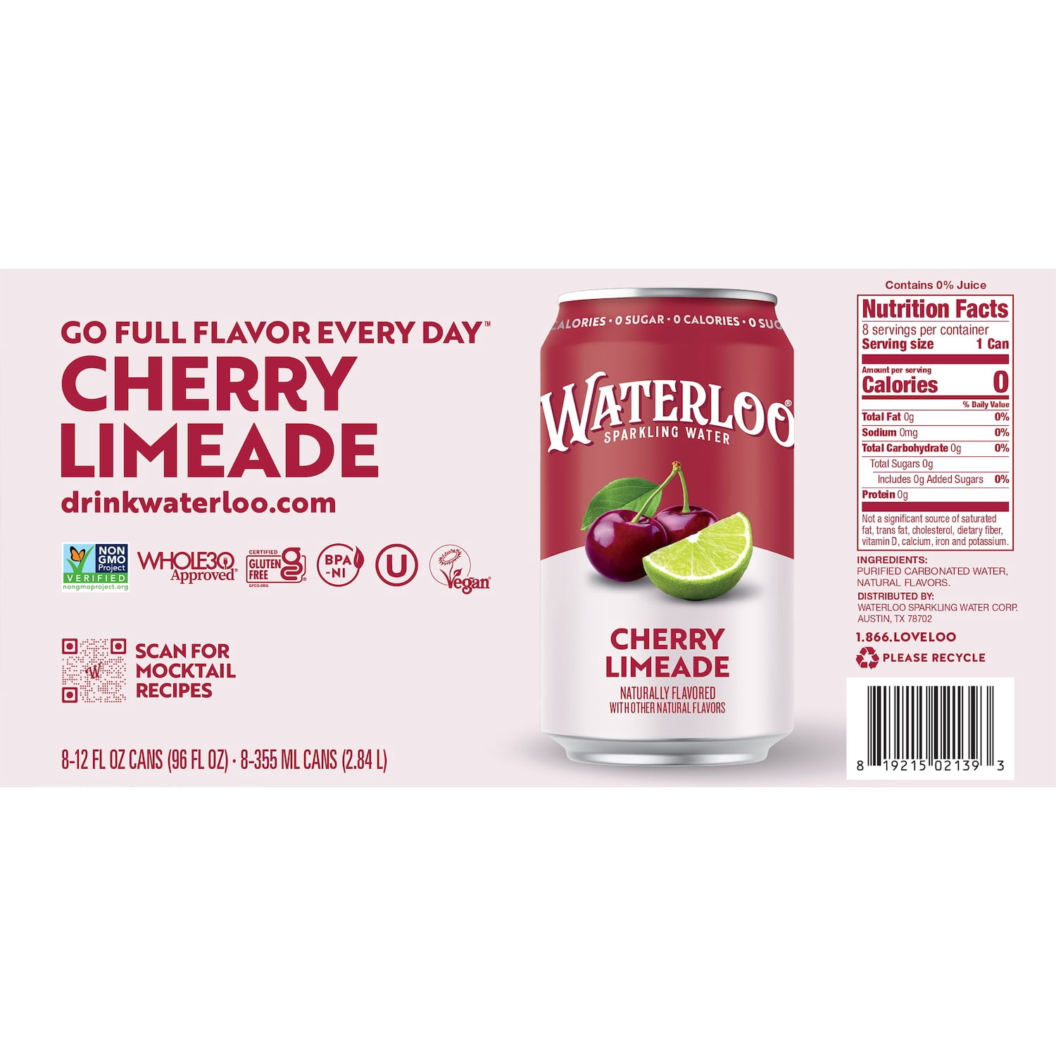 (3 pack) Waterloo Sparkling Water, Cherry Limeade, 12 fl oz, 8 Pack Cans