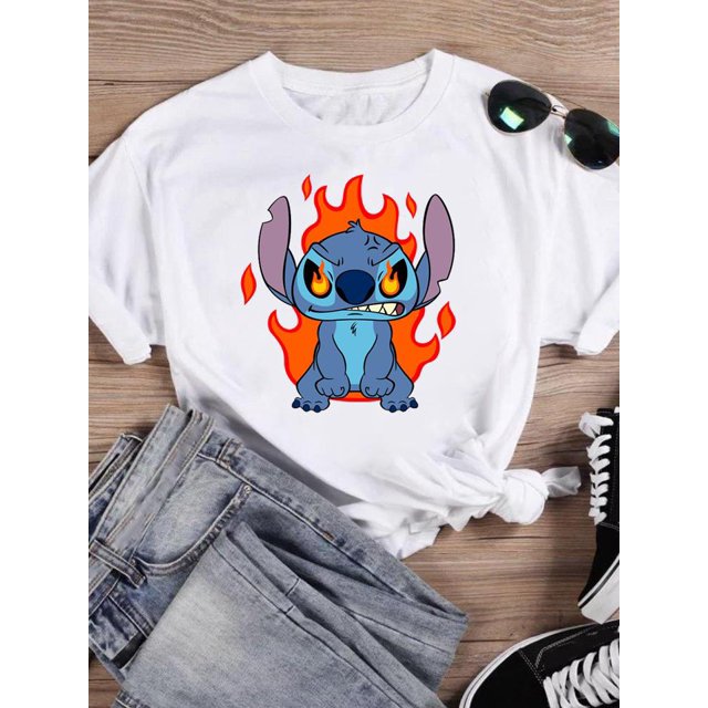 Disney Watercolor Lovely Style Short Sleeve Women Print Clothing Stitch Casual Tee Shirt Fashion Cartoon Graphic T-shirts4XL Gao Jinjia LED