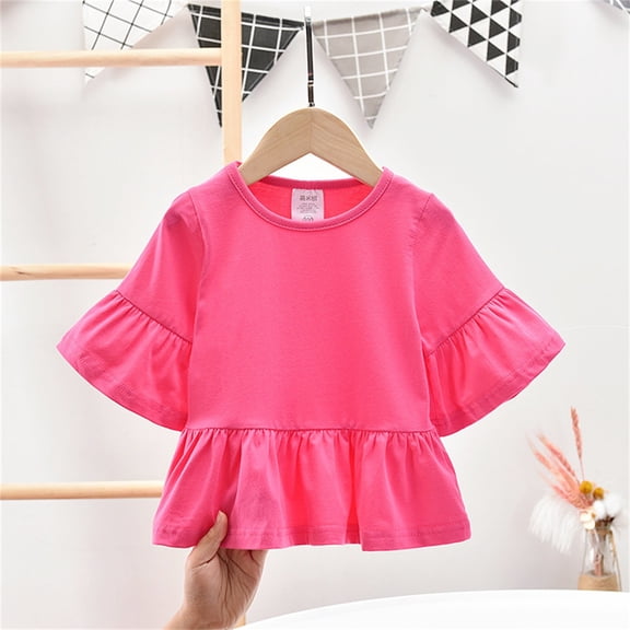 UACY Cute Short Ruffle Sleeve Peplum T-Shirts Crewneck Solid Color Tee Shirts Girls Lightweight Summer Casual Tops (Hot Pink, 7-8 Years)