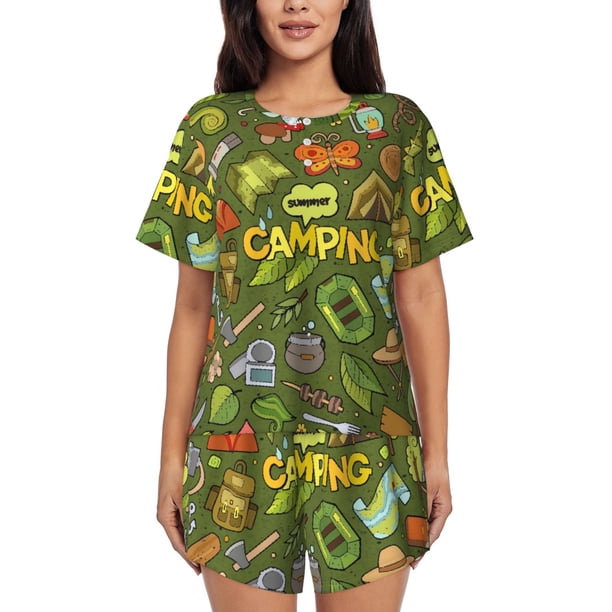 Balery Camping 1 Conjunto de Pijama para Mujer con Estampado, Dos Piezas de Manga Corta y Shorts, Ropa de Dormir Suave con Cuello Redondo y Bolsillos-3X-Large