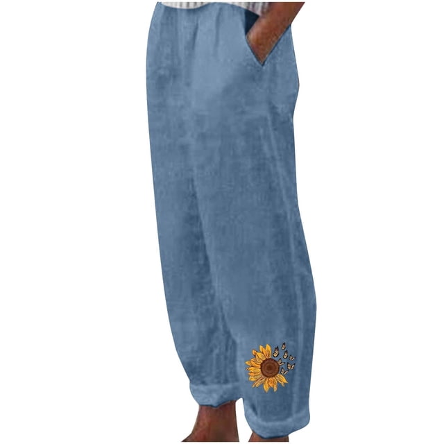 VEKDONE Womens Linen Long Pants Blue S