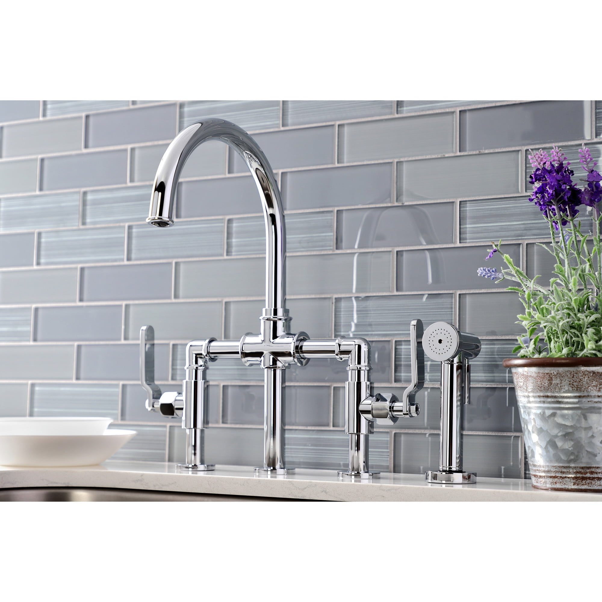Kingston Brass KS2331KL Whitaker Two-Handle 4-Hole Deck Mount Industrial Style Bridge Kitchen Faucet with Brass Side Sprayer in Polished Chrome