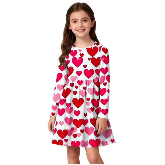 Girls Valentine's Day Dress Long Sleeve Heart Print A-Line Soft Stretchy Hot Pink Party Dress for Kids Holiday Birthday,Size 4-5 T