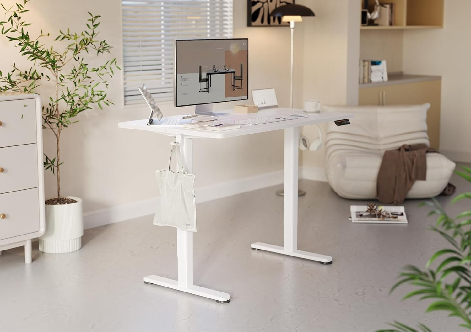 Electric height-adjustable standing desk, suitable for home and office use, white.
