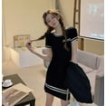 thumbnail image 1 of VISgogo Vestido de punto francés de verano para mujer, minivestido corto ajustado de manga corta con cuello redondo y estampado a rayas VISgogo moda, 1 of 2