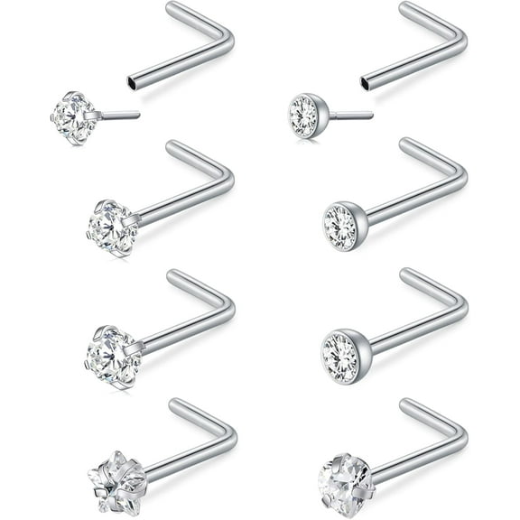 20G Stainless Steel Nose Rings for Women Nose Rings Hoops L Shaped Nose Studs Screw Nose Piercing Jewelry for Women Men Silver Rose Gold Black Rainbow 8pcs nose studs